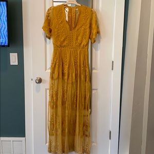 Honey Punch Lace Maxi Romper - Mustard, size M